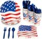 144 Piece Patriotic Party Supplies, American Flag Plates, Napkins, Cups, Cutlery for 4th of July, Memorial Day Decorations for American Themed Party, Citizenship Party (Serves 24)